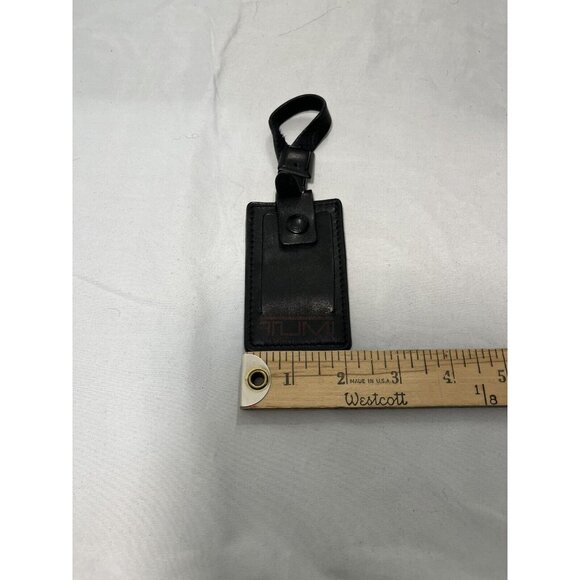 TUMI  Black Leather Luggage Tag Snap Button and Buckle Red Lettering - Picture 3 of 5